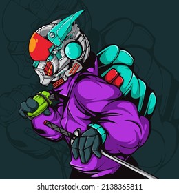 ROBOT CHARACTER WITH SPRAY PAINT AND SAMURAI