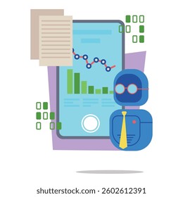 Robot character standing next to smartphone showing financial charts and data in modern design. Documents floating above, indicating analysis and insights in progress