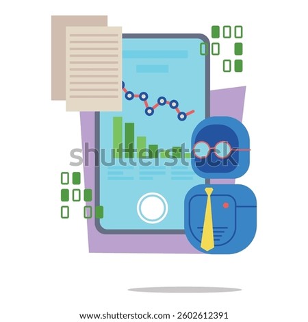Robot character standing next to smartphone showing financial charts and data in modern design. Documents floating above, indicating analysis and insights in progress