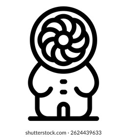 Personagem robô de pé com ventilador rotativo para cabeça, representando inteligência artificial e sistemas de resfriamento