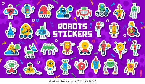 Robot character stickers. Colorful, vibrant collection of cartoon vector cyborgs, artificial intelligence, smart machines with funny facial expressions. Fun and engaging friendly mechanical personages