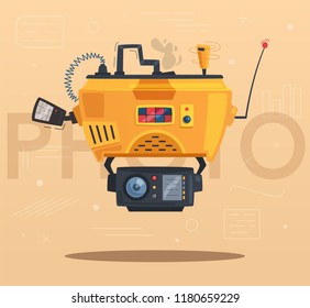 Robot character. Technology, cyberpunk future. Cartoon vector illustration. Friendly android photographer. Drone with a camera