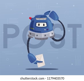 Robot character. Technology, future. Cartoon vector illustration. Friendly android a postman. Person with a letter. Delivery concept