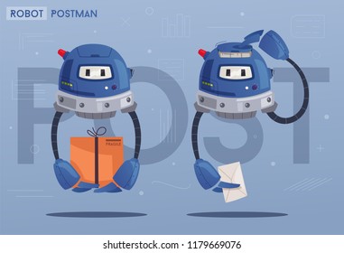 Robot character. Technology, future. Cartoon vector illustration. Friendly android a postman. Person with package and letter. Delivery concept