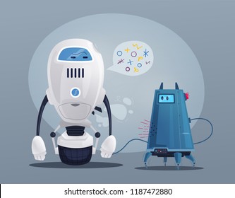 Robot character. Technology, future. Cartoon vector illustration. Friendly android assistant with a dog.