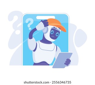 Robot Character Think Scratch Head as Smart Android Assistant Machine Vector Illustration