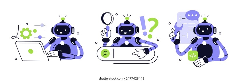 Robot character uses automation marketing tools, answer questions trough AI search technology and assist with coding. Artificial intelligence in business concept set. Vector illustration.