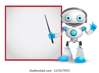 Robot character vector illustration with friendly gesture teaching or showing technology information for design presentation isolated in white background.
