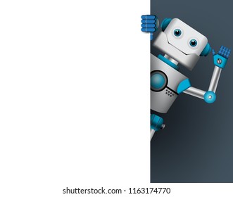 Robot character vector illustration. Robotic mascot holding empty white board for text while waiving hand.
