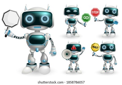 Robot character vector set. Robotic characters showing signage symbol like go and stop placard element in standing pose and gestures for robot cartoon collection design. Vector illustration.