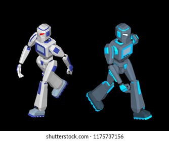 Robot character walking. Isolated on black background. 3d Vector illustration. Isometric projection.