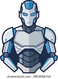 A robot character wearing metallic armor and a futuristic helmet with glowing blue eyes