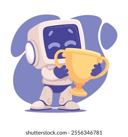 Robot Character Winner Hold Goblet as Smart Android Assistant Machine Vector Illustration