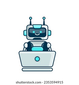 Robot character work with laptop vector illustration. Cute Cartoon Robot Illustration Design