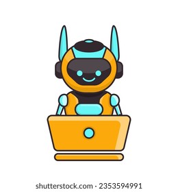 Robot character work with laptop vector illustration. Cute Cartoon Robot Illustration Design