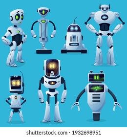 Robot characters, cartoon toys and future cyborgs, vector kids game mascots. Retro and modern robots and machine monsters, space machine androids with digital, face display, humanoid on wheel legs