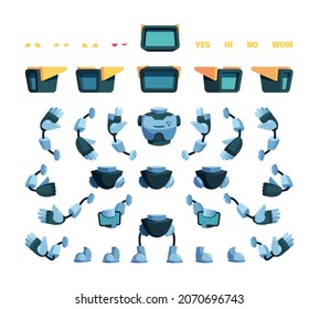 Robot characters. Creation kit with robotic steel parts head arms feet body animation garish vector funny character