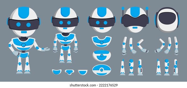 Robot characters creation kit vector set. Robots editable character kit with arms, legs and head parts for pose and gesture body creator design. Vector illustration.
