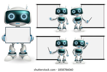 Robot characters presentation vector set. Robots character with robotic pose and gestures showing white screen projector board for  presentation collection design.. Vector illustration. 