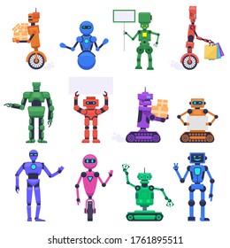 Personajes robóticos. Caracteres humanoides mecánicos robóticos, mascotas auxiliares de chatbot, conjunto de ilustraciones vectoriales aisladas de robots androides. Humanioide robot, ciborg mecánico futurista