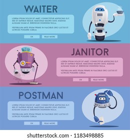 Robot characters. Technology, future. Cartoon vector illustration. Friendly androids are janitor, waiter and postman. Assistant concept