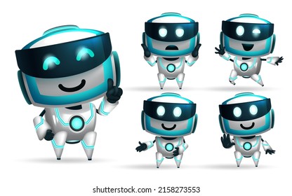 Diseño de conjunto vectorial de caracteres robots. Colección de caracteres robots aislados en fondo blanco en posición de pose y gestos amistosos para la mascota de tecnología robótica moderna. Ilustración vectorial.
