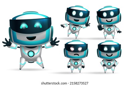 Robot characters vector set. Robotic 3d character in standing pose with happy, and friendly faces isolated in white background for kids technology modern robotic collection design. Vector illustration