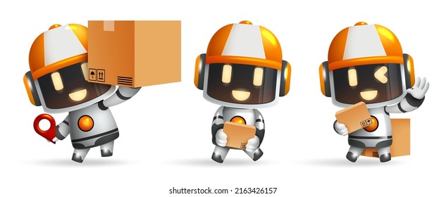 Robot characters vector set. Robotic delivery assistant characters with boxes and pin icon elements for ai friendly faces collection design. Vector illustration.
