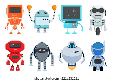 Robot characters vector set. Robotic characters isolated in white background with standing pose for retro robots collection design. Vector illustration.
