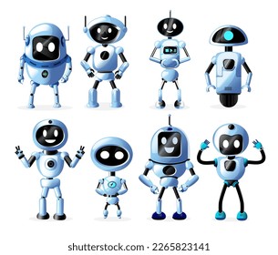 Robot characters vector set. Robotic character in white background with standing pose for retro collection design. Vector illustration robot collection.
