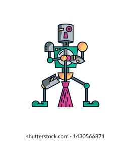 Robot characters who are using brooms to clean the house