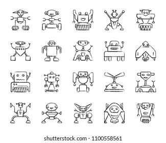 Robot charcoal icons set. Grunge outline web sign kit of toy. Character linear icon collection includes transformer, cyborg, machine. Simple crayon hand drawn robot symbol on white Vector Illustration