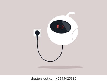 A robot charging its battery with a power plug and socket, a standby mode