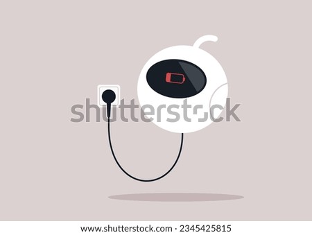 A robot charging its battery with a power plug and socket, a standby mode