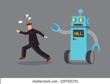 Robot chasing after a businessman. Business concept of the problem of artificial intelligence, automation or technology that might cause a jobless society. Vector cartoon illustration.