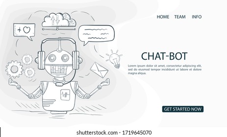 robot chat bot, realiza chat en línea, Para un sitio web o aplicaciones móviles, Concepto de inteligencia artificial, contorno Vector Ilustración en el estilo Doodle