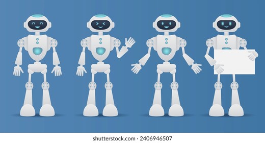 Robot, chat bot neural network, AI servers and robots technology. Set of cute robot ai character.