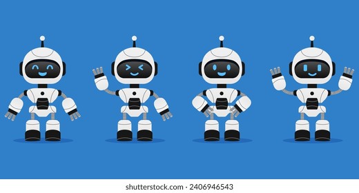 Robot, chat bot neural network, AI servers and robots technology. Set of cute robot ai character.