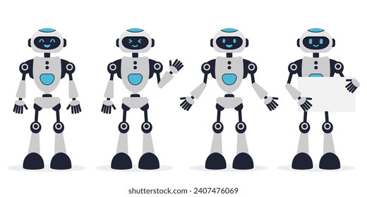 Robot, chat bot neural network, AI servers and robots technology. Set of cute robot ai character.