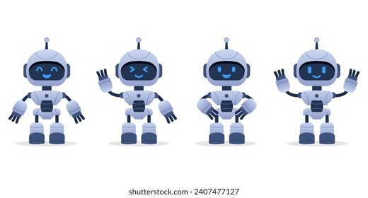 Robot, chat bot neural network, AI servers and robots technology. Set of cute robot ai character.