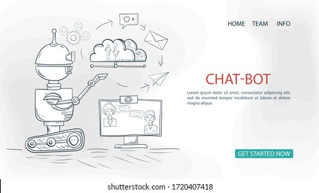 robot chat bot, provides user communication, for a Website Or Mobile Apps, Artificial Intelligence Concept, contour Vector Illustration in the style of Doodle sketch