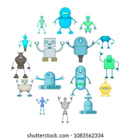 Robot chat icons set. Cartoon illustration of 16 robot chat vector icons for web
