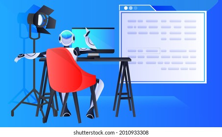 robot chatbot assistant sitting at workplace and working on computer online communication artificial intelligence