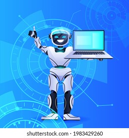 robot chatbot assistant using laptop modern robotic character artificial intelligence concept