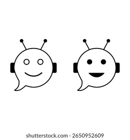 Ícone de rosto de robô chatbot definido com cabeças de antena redondas e expressão de sorriso em preto e branco estilo de contorno de ilustração vetorial.
