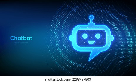 Robot chatbot head icon. Chatbot assistant application. Artificial intelligence conversation assistant concept. Binary code Data Flow. Virtual tunnel warp made with digital code. Vector Illustration.