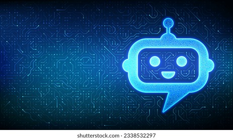 Robot chatbot head icon. Chatbot assistant application sign. AI technology background. Speech bubble message. Dialogue cloud. Circuit board pattern. PCB printed circuit texture. Vector Illustration.