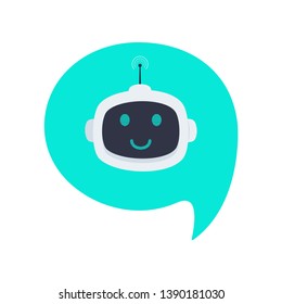 Robot chatbot head icon sign in the speech bubble flat style design vector illustration isolated on white background. Cute AI bot helper mascot character concept symbol business assistant.