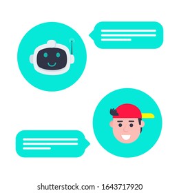 Robot chatbot head icon sign in the speech bubble talking with boy flat style design vector illustration isolated on white background. Cute AI bot helper mascot character concept business assistant.