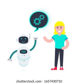 Robot chatbot head icon sign in the speech bubble talking with girl flat style design vector illustration isolated on white background. Cute AI bot helper mascot character concept business assistant.